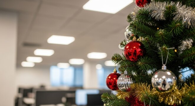 Decorated christmas tree in a modern office setting with bright lights