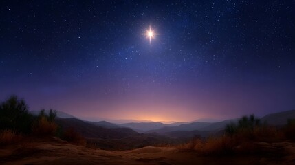 A brilliant star shines in the twilight sky over a mountainous landscape evoking peace and wonder