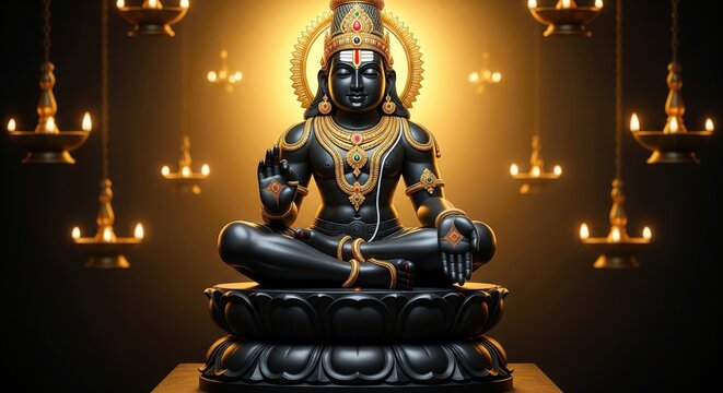 Lord Ayyappa Idol. Realistic 3D Render Sabarimala Temple Background.