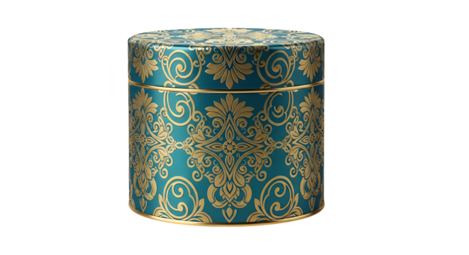 Elegant luxurious round gift box featuring a rich teal and gold ornate damask pattern, perfect for high-end packaging or decorative storage, isolated on a clean transparent background - Powered by Adobe