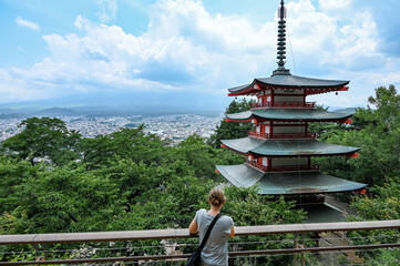 japanese temple in the morning, view on mount fuji