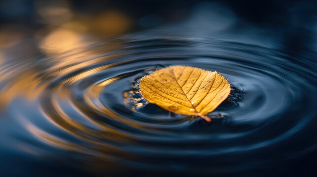 Yellow autumn leaf floating on dark water creating ripples