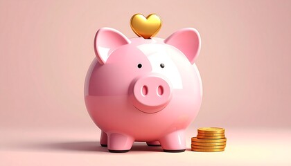 Pink Piggy Bank with Golden Heart and Coins - Saving for Love.