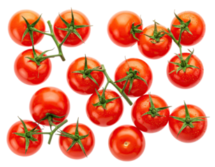 Isolated cluster of ripe, red tomatoes on green stems, against a black backdrop