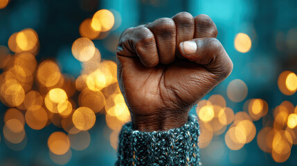 Raised fist against a blurred background of warm bokeh lights, symbolizing strength, unity, and resilience in social movements and activism for change.