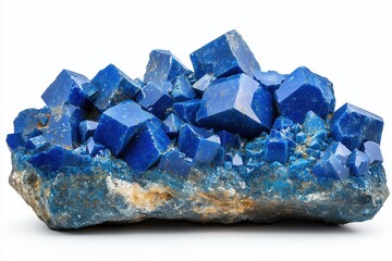 Blue crystal mineral specimen with geometric shapes, isolated on white background.