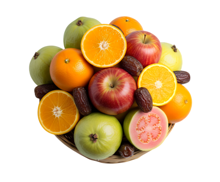 Colorful fresh fruit basket showcasing ripe apples, juicy oranges, sweet guavas, and dates, artfully arranged, perfectly isolated on a clean transparent background
