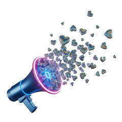 Holographic Megaphone Emitting a Swarm of Iridescent Hearts on Black loudspeaker love