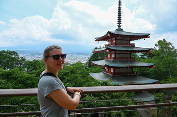 japanese temple in the morning, view on mount fuji