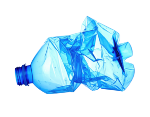 A crushed, translucent, blue plastic bottle, laying horizontally against a stark black background