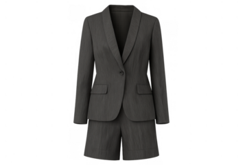 Women's gray pinstripe shorts suit for business casual wear, formal fashion, and professional attire, transparent background