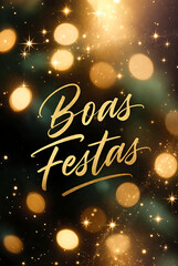 Elegant Golden 'Boas Festas' Calligraphy on Sparkling Bokeh Holiday Background