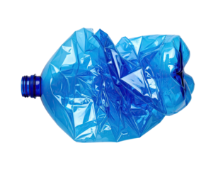 Close-up of a crushed, blue plastic bottle, against a stark black background