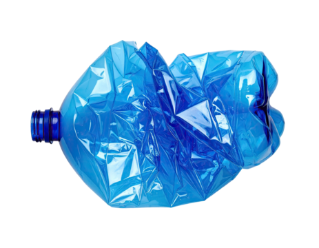 Close-up of a crushed, blue plastic bottle, against a stark black background
