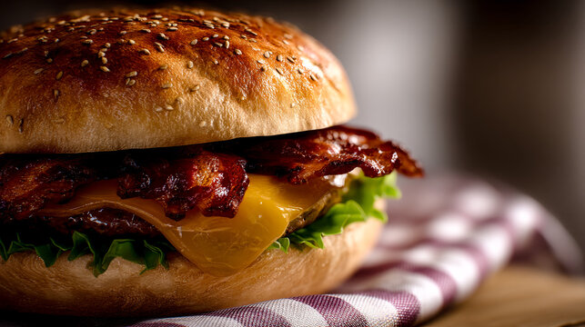 Close up of a bacon cheeseburger with a sesame seed bun on a red and white checkered napkin.