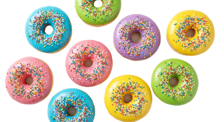 Delicious and vibrant assorted iced donuts adorned with colorful sprinkles create a joyful and celebratory visual feast perfect for any sweet occasion or marketing campaign.