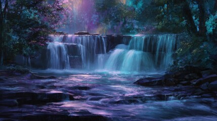 Obraz premium Serene Sunset Waterfall Scene at Dusk with Silky Smooth Flow and Ethereal Lighting Effects