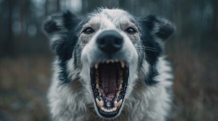 Fototapeta premium Close up of snarling dog face with mouth wide open outdoors