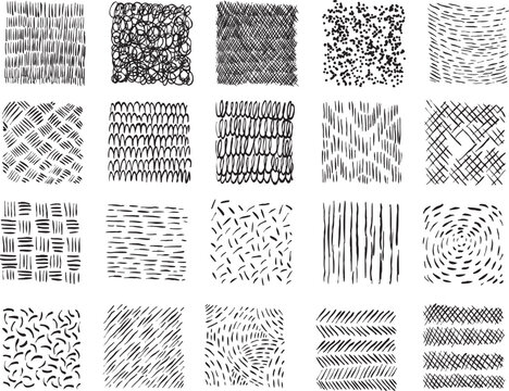 Crosshatch doodle texture in hand drawn monochrome style. Scribble grunge simple texture in rectangular shapes. Vector design elements.