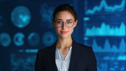 Young professional woman smiles against digital data background