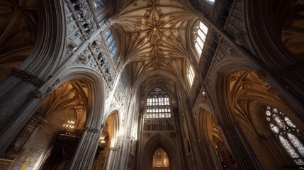 Fototapeta premium Stunning Interior View of High-Vaulted Cathedral Featuring Intricate Architectural Details and Radiant Natural Light