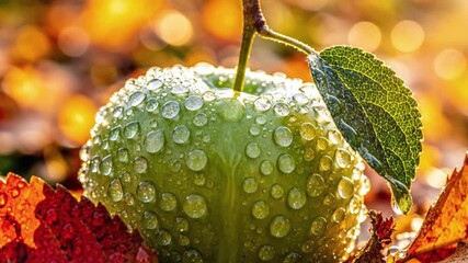 A captivating close-up shot features a vibrant green apple, adorned with countless sparkling water droplets, suggesting morning dew or recent rain. The apple, still attached to its stem and a fresh gr - Powered by Adobe