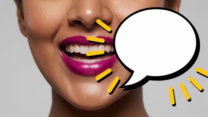 Close up of an african american woman's mouth with vibrant lipstick speaking, surrounded by animated comic style speech bubbles, sound waves, and graphic elements for communication concepts - Powered by Adobe