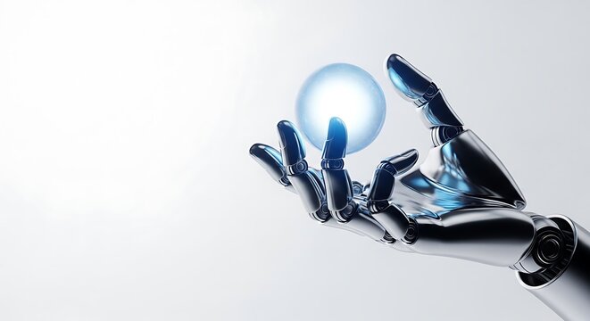 Robotic hand holding glowing sphere artificial intelligence concept - Powered by Adobe