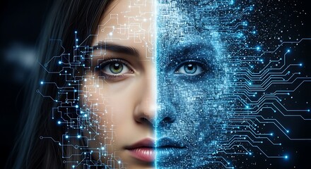 Woman digital interface face half human technology concept