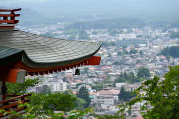 japanese temple in the morning, view on mount fuji