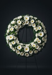 Traditional circular funeral wreath made of fresh white flowers used for memorial and mourning services ,lilies ,floral ,petals