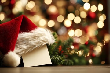 A red Christmas hat with white fur rests on a wooden surface. A blank card is placed beside it. Soft, colorful bokeh lights create a festive background. copy space, mock up