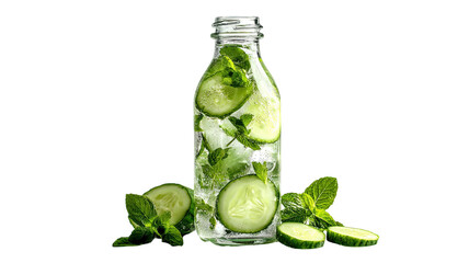  Cucumber water bottle with mint drink isolated on white background for refreshing beverage, healthy hydration, and summer photography