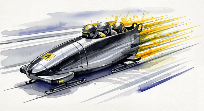 Dynamic illustration of a bobsleigh team racing down an ice track at high speed. For winter sports event posters, games-themed content, and speed concepts.
