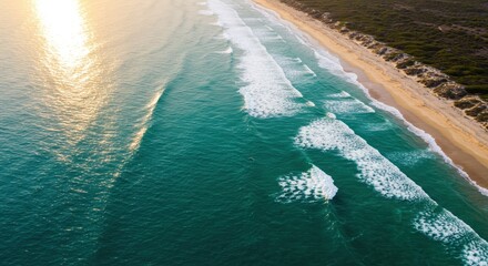 Aerial perspective captures sunlight reflecting on turquoise ocean waves breaking near a sandy shoreline with dense coastal vegetation.