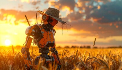 Rusty Robot Scarecrow at Sunset