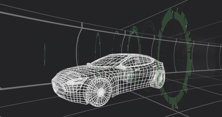Single green ring appearing behind mesh car starting nested HUD rings rotating and displaying data - Powered by Adobe