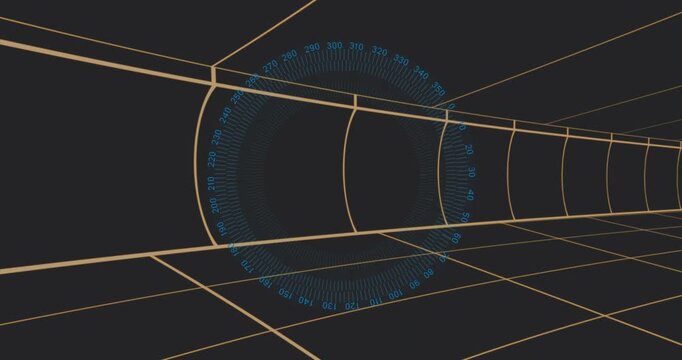 Camera starting pan, blue dial rotating and drifting, revealing tunnel depth and numeric ring