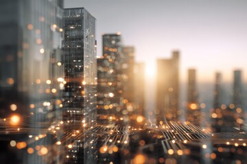 Cityscape with glowing circuit board overlay at sunset