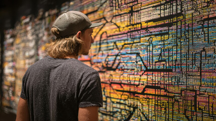 Creative individual admiring vibrant abstract art installation featuring colorful patterns and intricate designs in an indoor gallery setting, exploring artistic expression and inspiration.