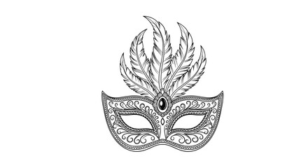 Intricate line art illustration of a decorative masquerade mask adorned with feathers and a central jewel, evoking mystery and elegance.