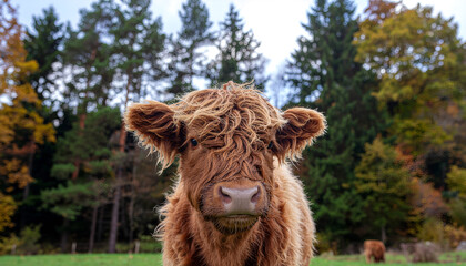 Shaggy Highland Cow with Forest Background