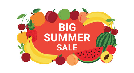 A vibrant 'Big Summer Sale' banner framed by fresh fruits like watermelon, bananas, cherries, and apples, announcing seasonal discounts and promotions.