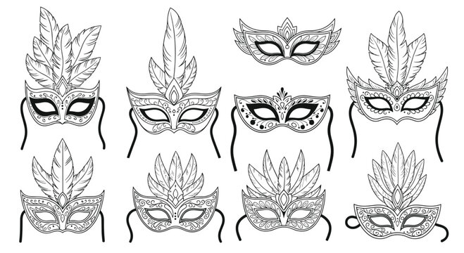 A selection of decorative masquerade masks with intricate details and feather adornments, suitable for parties, festivals, and theatrical events.