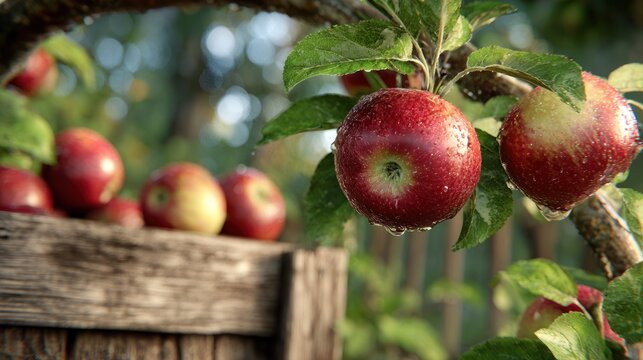 Ripe red apples with water droplets hang from a tree branch.