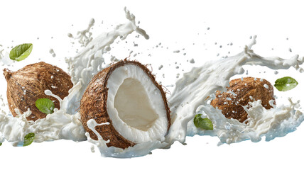  Refreshing coconut milk splash isolated on white background for beverage photography, food illustration, tropical drinks, and culinary presentation