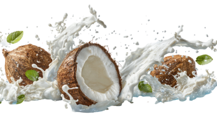  Refreshing coconut milk splash isolated on white background for beverage photography, food illustration, tropical drinks, and culinary presentation