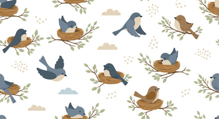Fototapeta premium A delightful pattern of blue and brown birds nesting and perched on branches with green leaves, set against a white background with subtle dots and clouds.