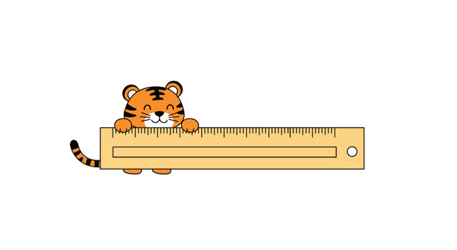 A cute cartoon tiger peeks over a wooden ruler, holding it with its paws, combining playful animal character with a school or measurement theme.