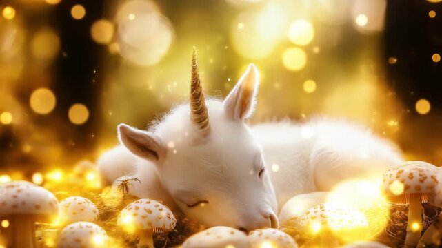 Magical unicorn sleeping in enchanted forest with glowing mushrooms and fairy lights